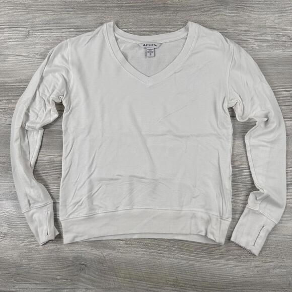 Athleta Sweaters - Athleta Sweater Womens XS White Sunrise Vneck Modal Thumbholes Jog Run Walk Base